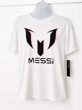 MESSI White Graphic Tee with Black & Pink